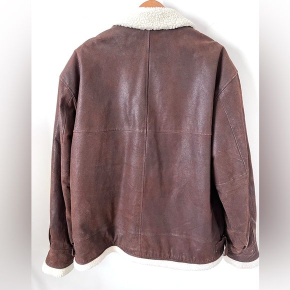 Paradox Brown Leather Sherpa Collar Trim Men Bomber Aviator Jacket Coat XXLT - Picture 2 of 8